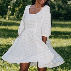 SonDeFlor Mini Carmen Linen Dress 3/4 Sleeve White w/ Pink Horizontal Stripe